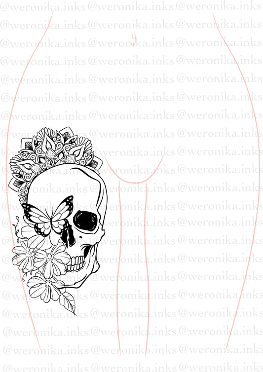 Skull & mandala thigh tattoo design
