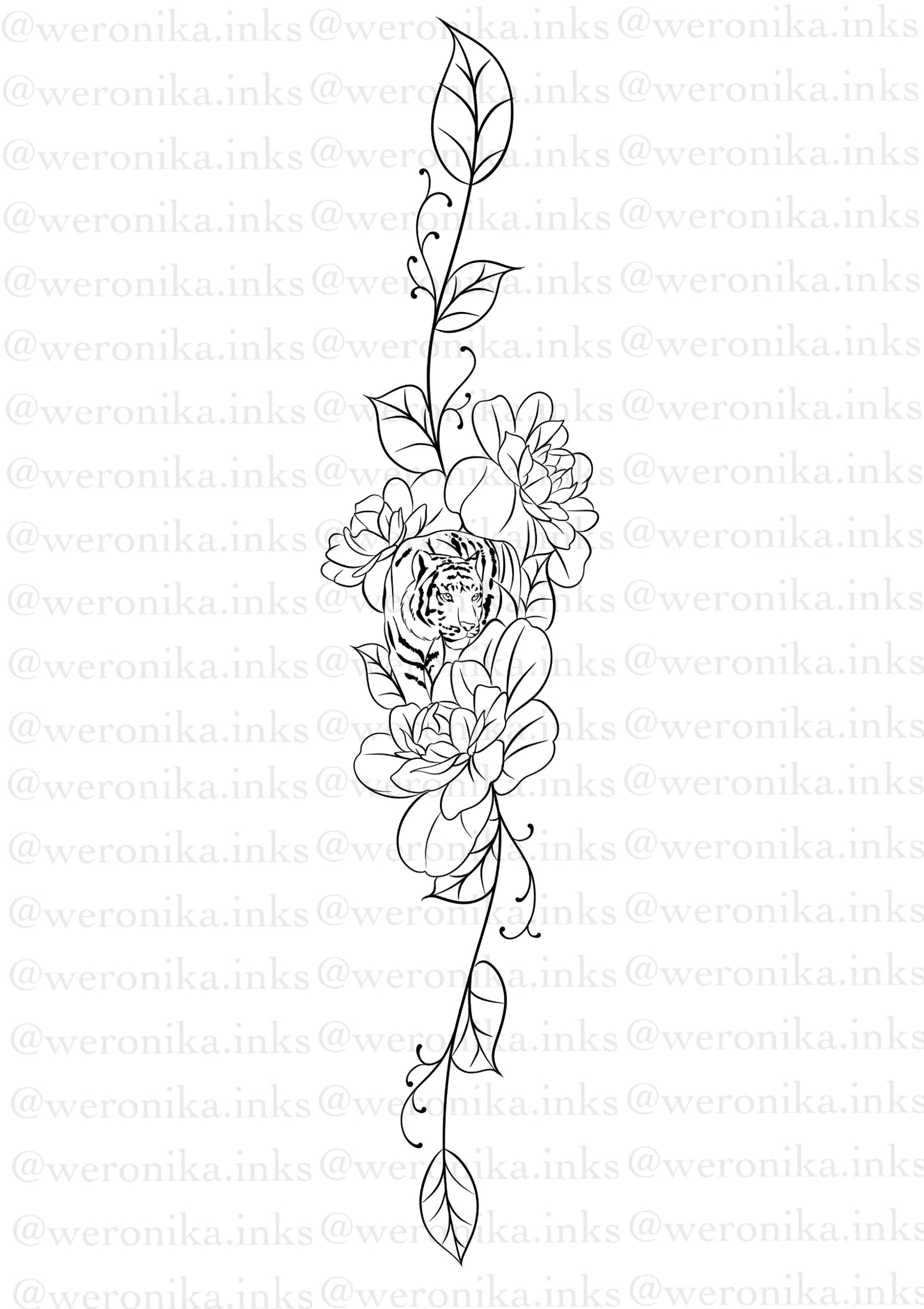 Tiger & floral spine tattoo