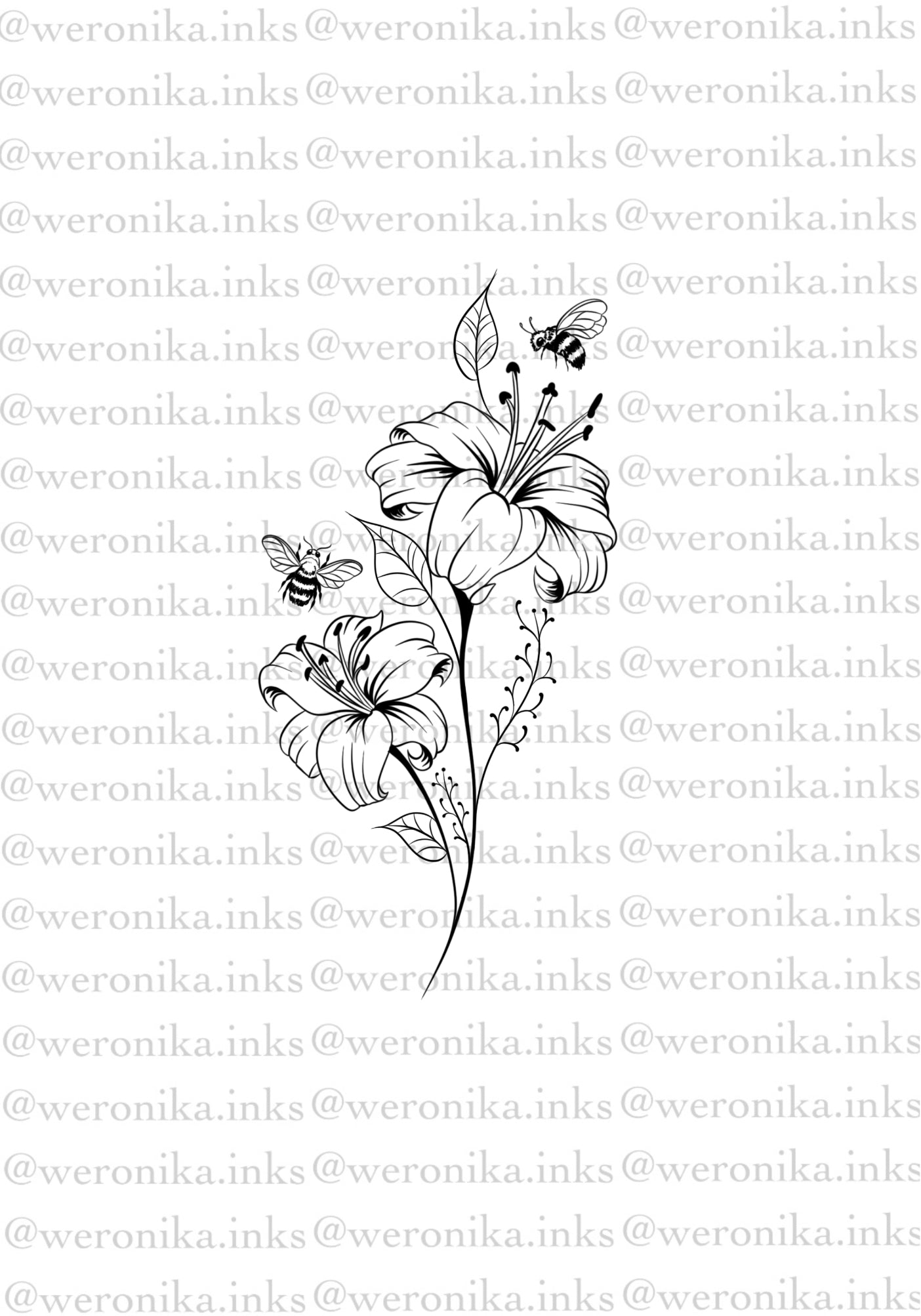 lily flower tattoo drawing Lilies & bees patchwork tattoo design – Weronika.inkss