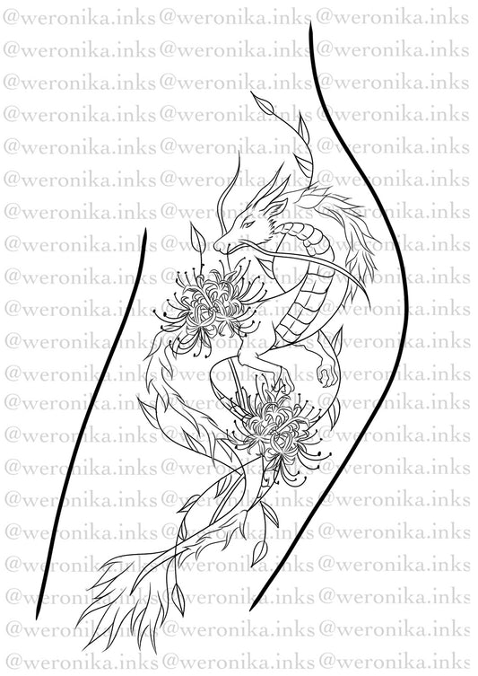 Floral Mythical Chinese Water Dragon Thigh Tattoo