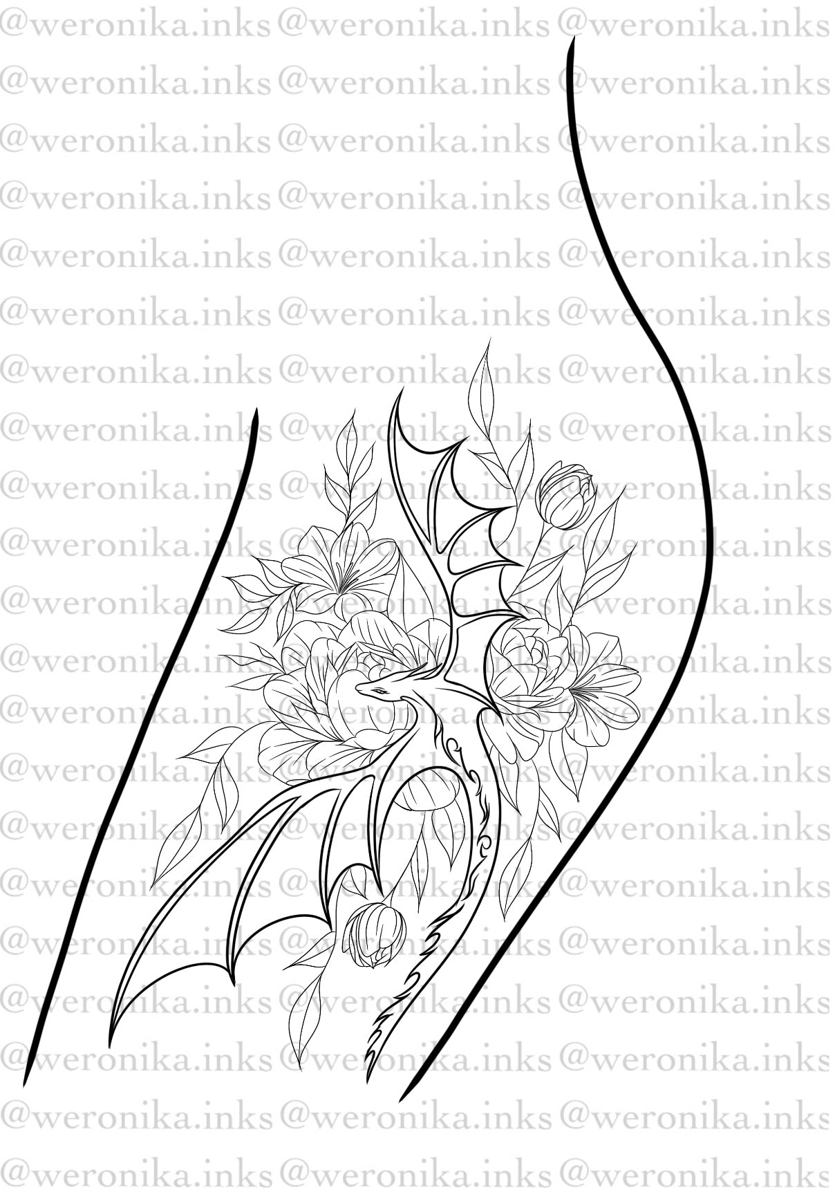 Floral Baby Dragon Thigh Tattoo