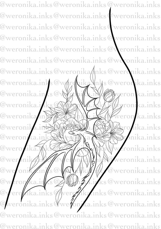 Floral Baby Dragon Thigh Tattoo