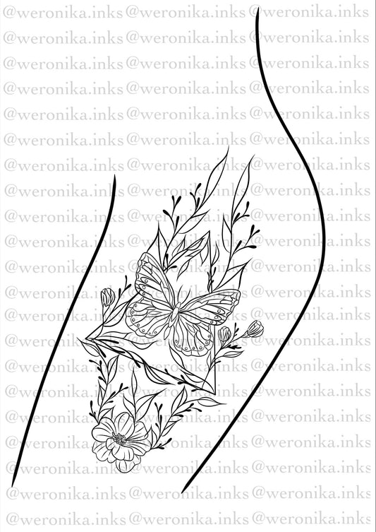 Floral Butterfly Thigh Tattoo