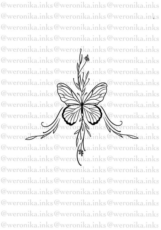 Linework & Butterfly Sternum Tattoo