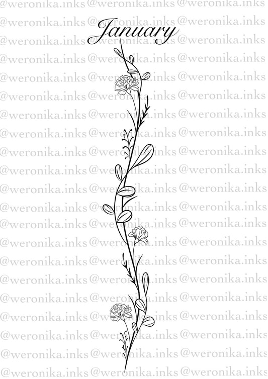January , Birth Month Flower Spine Tattoo