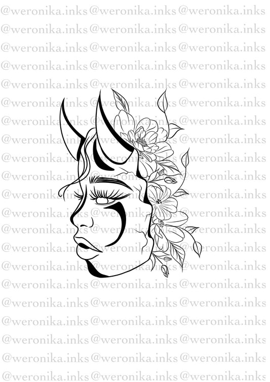 Girl face & floral tattoo