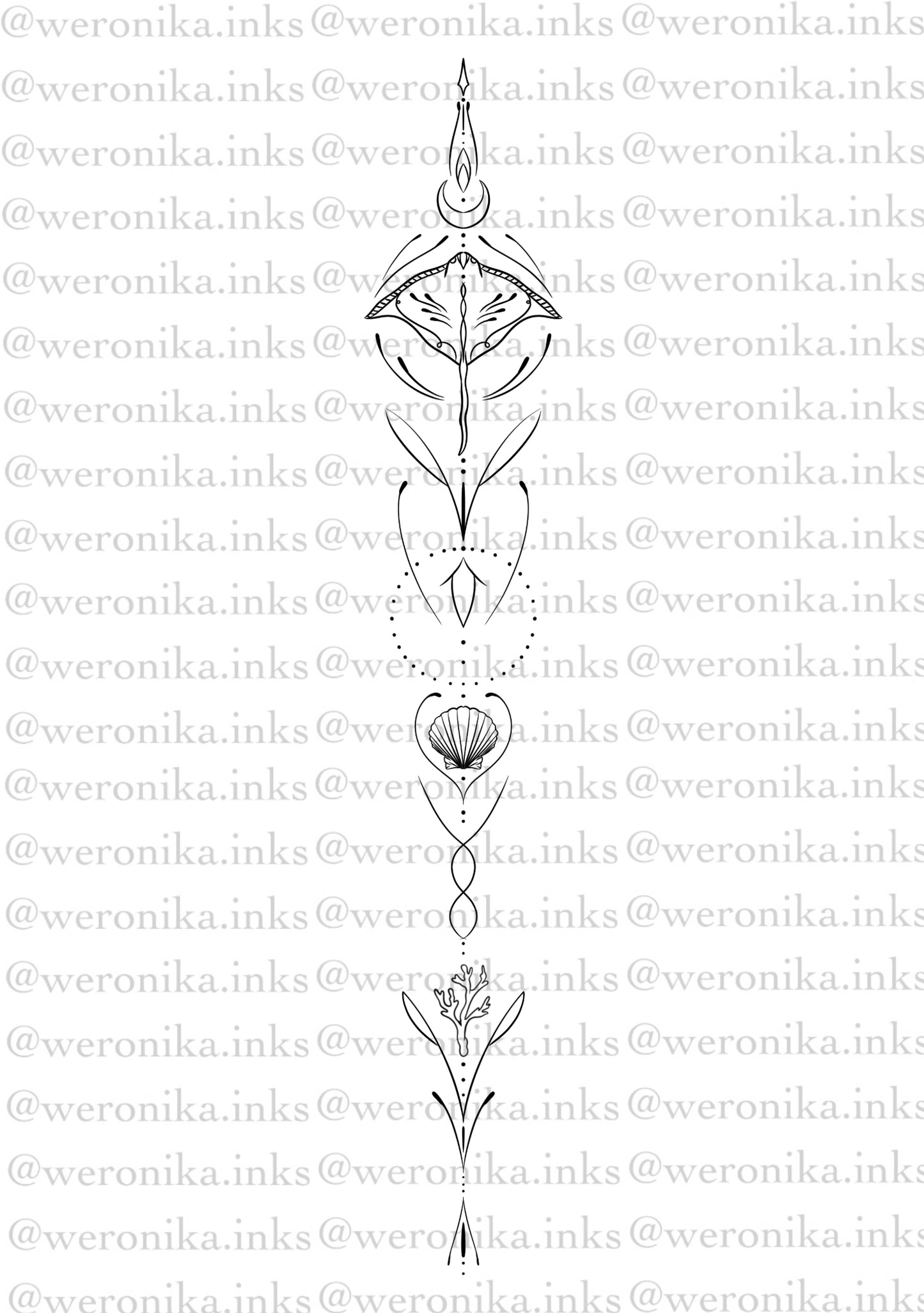 Sea Life Sting Ray & Line Work Spine Tattoo