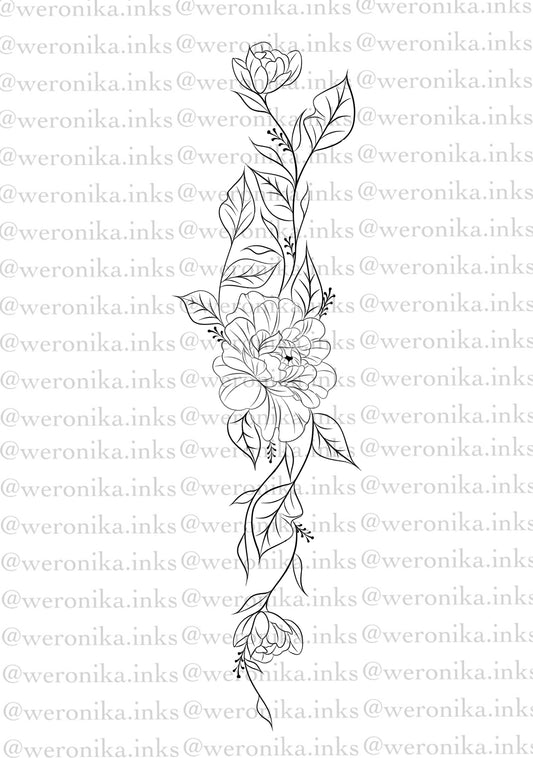 Peonies & Vines Spine Tattoo
