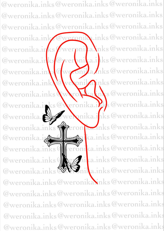 Behind The Ear Cross & Butterfly Tattoo