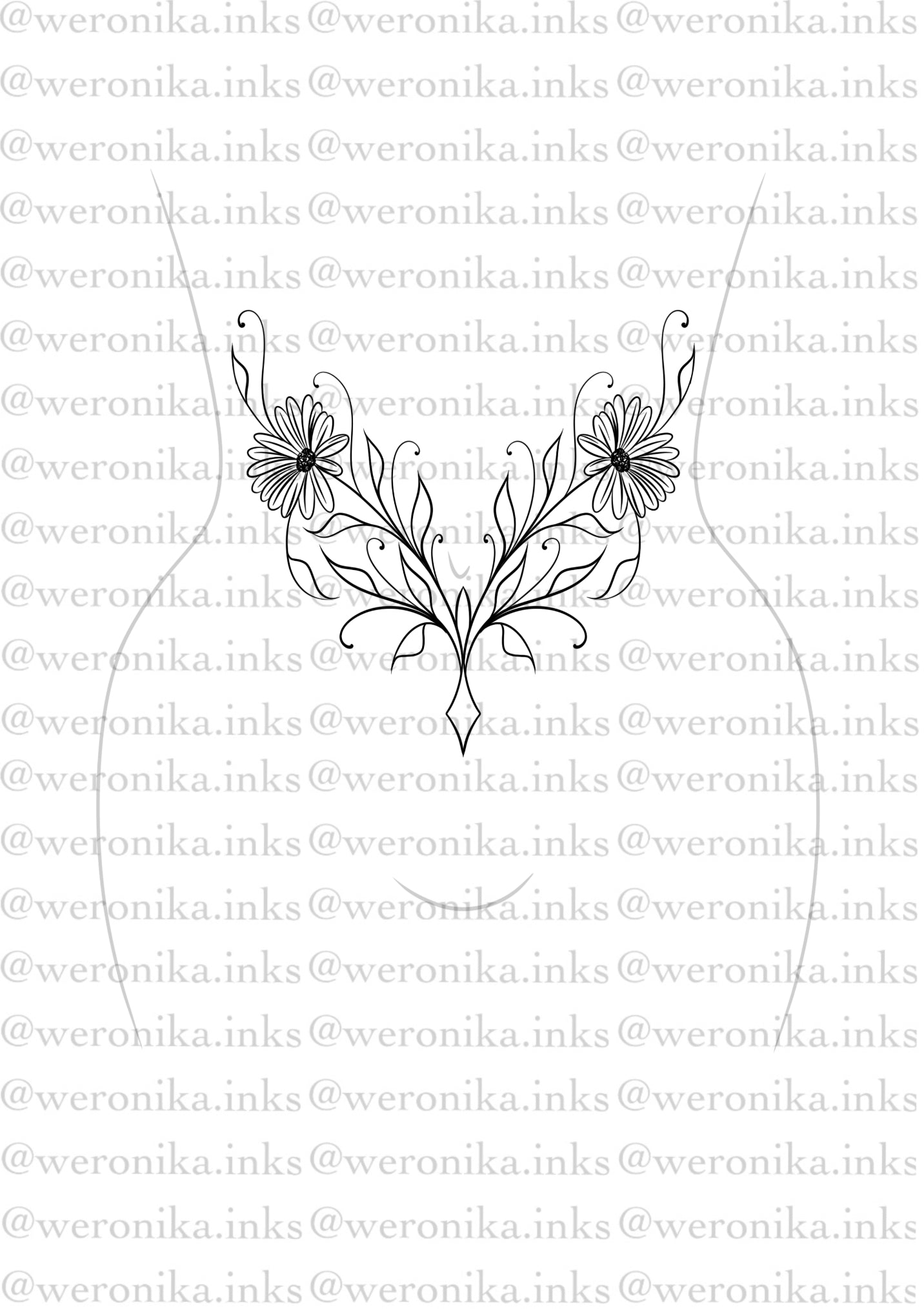 Line work & Daisies Stomach Tattoo