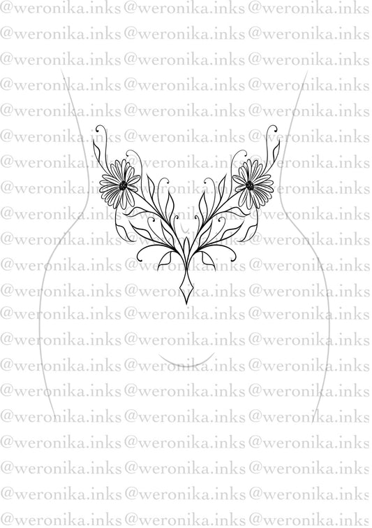 Line work & Daisies Stomach Tattoo