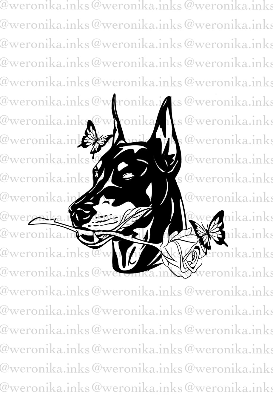 Doberman & Rose With Butterflies Tattoo