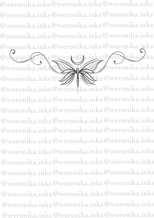 Dragon Fly & Line Work Tramp Stamp Tattoo