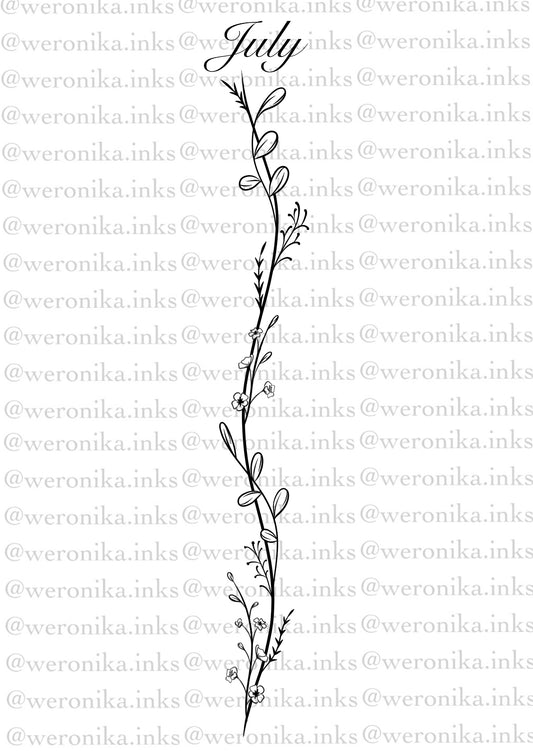 July, Birth Month Flowers Spine Tattoo