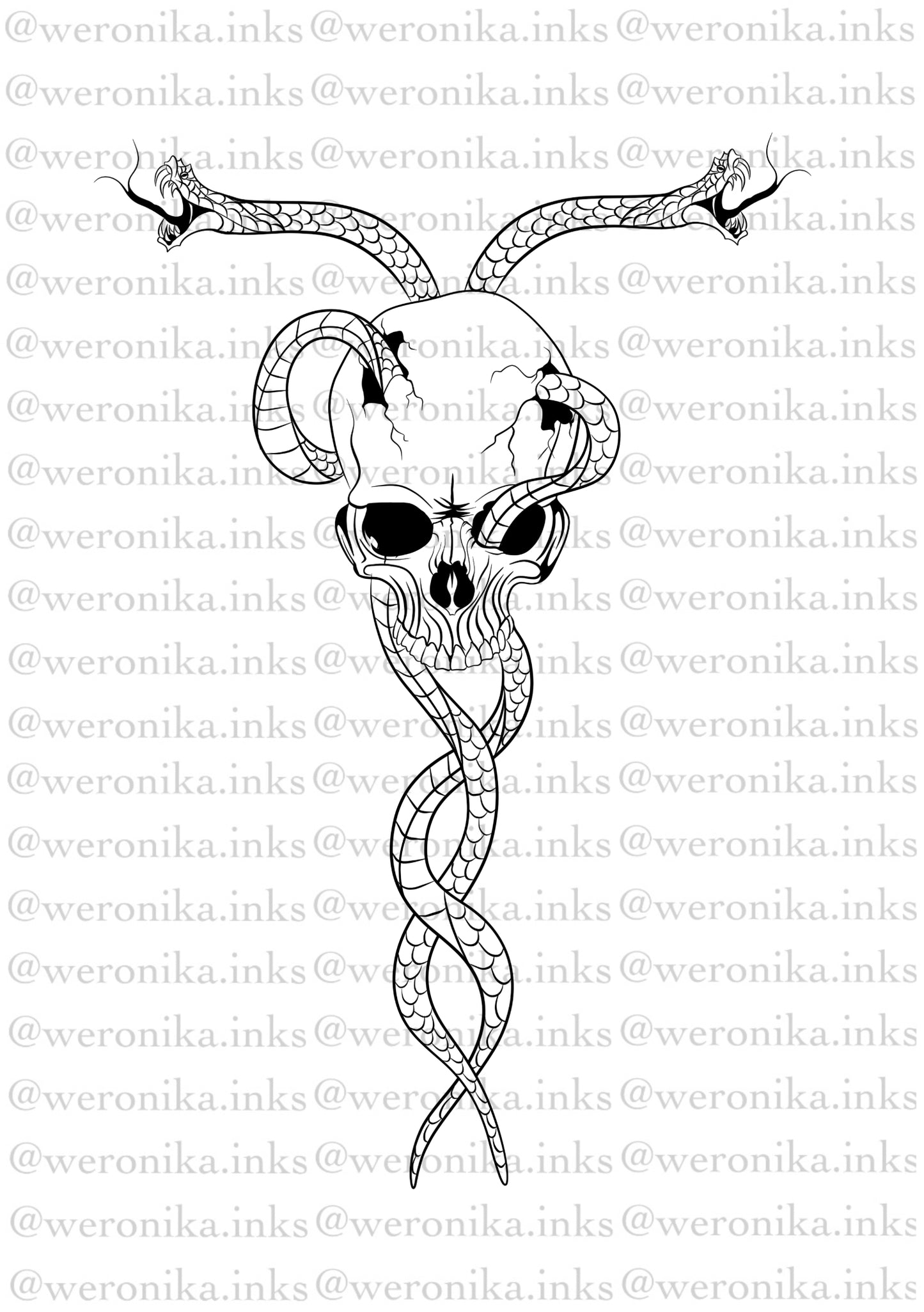 Skull & snakes spine tattoo