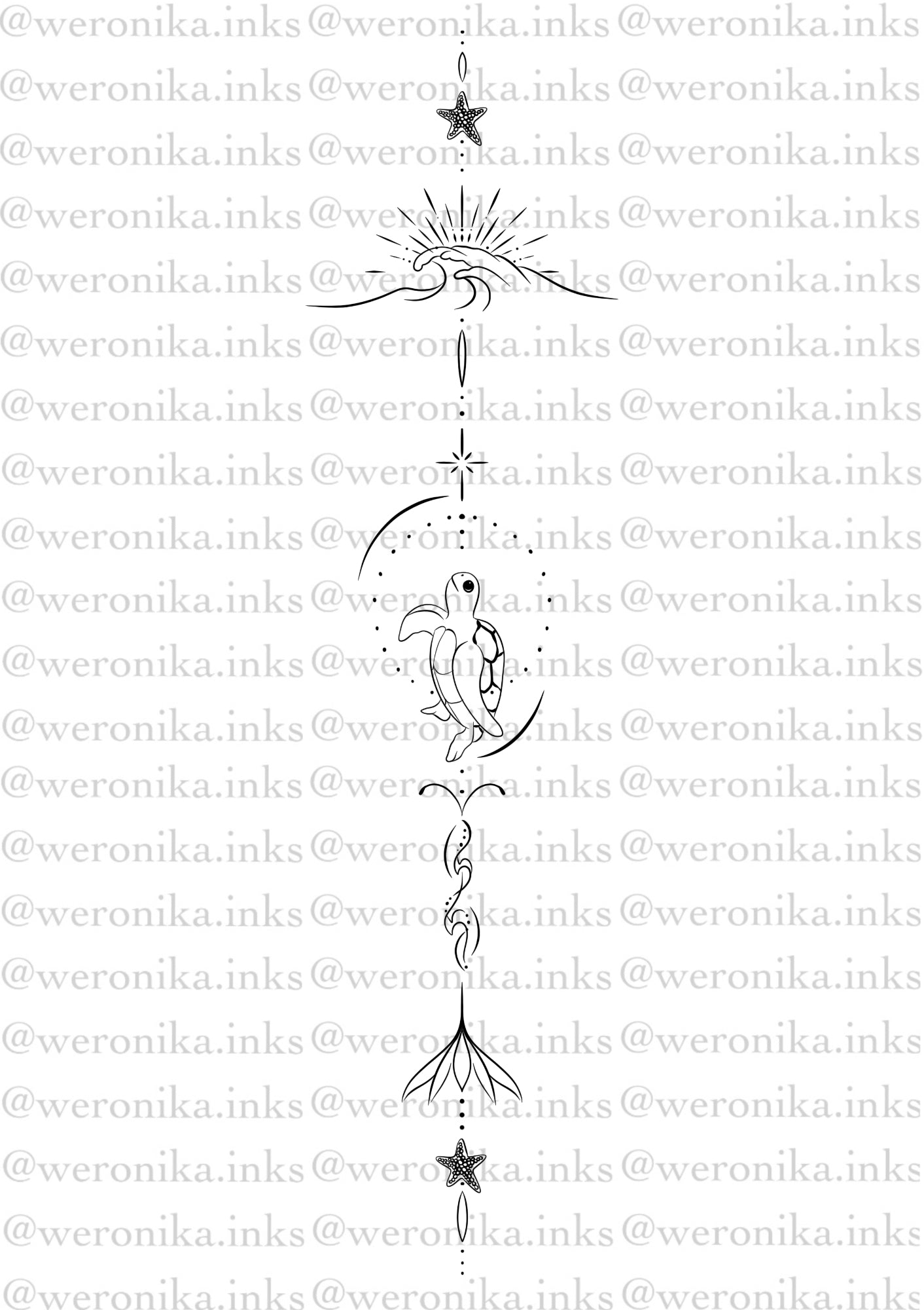 Sea Life turtle & Line Work Spine Tattoo