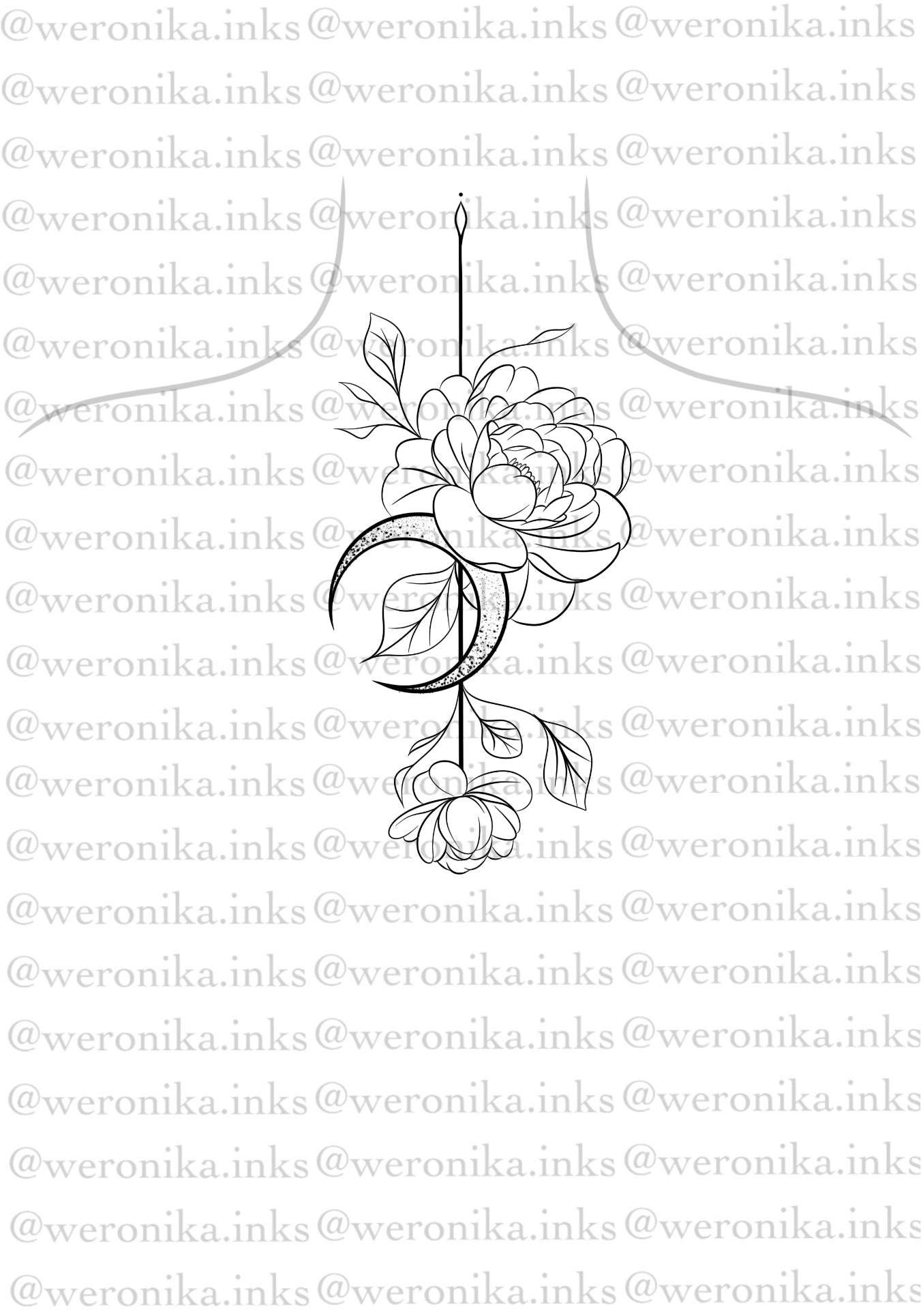 Peonie & Moon Top Of Spine Tattoo