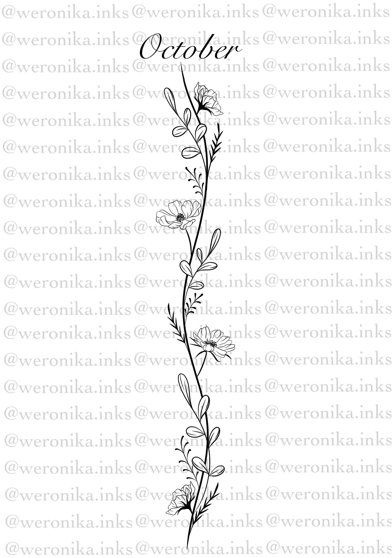 Black & White October Flower Spine Tattoo