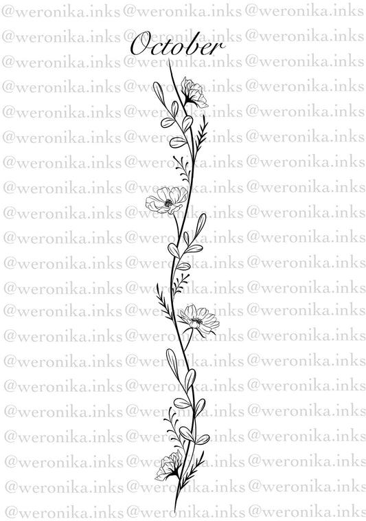 October, Birth Month Flower Spine Tattoo
