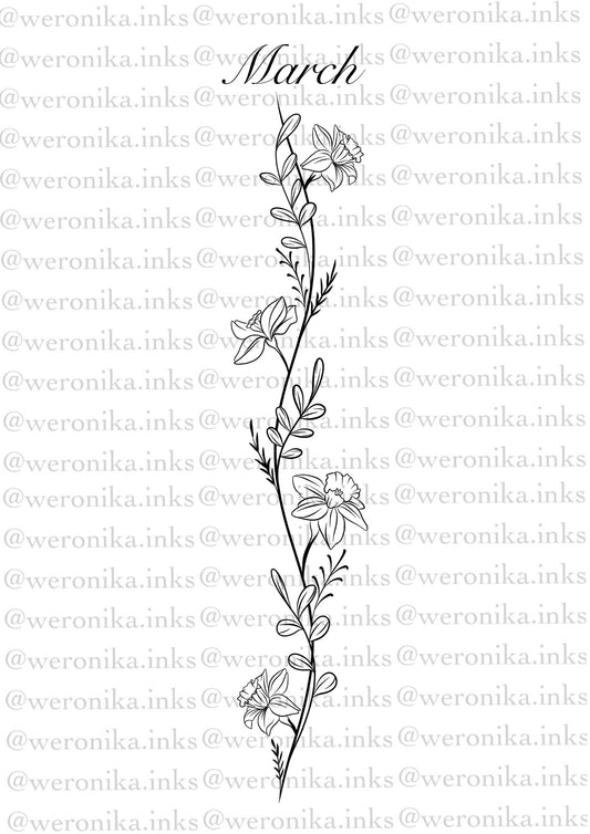 March, Birth Month Flower Spine Tattoo