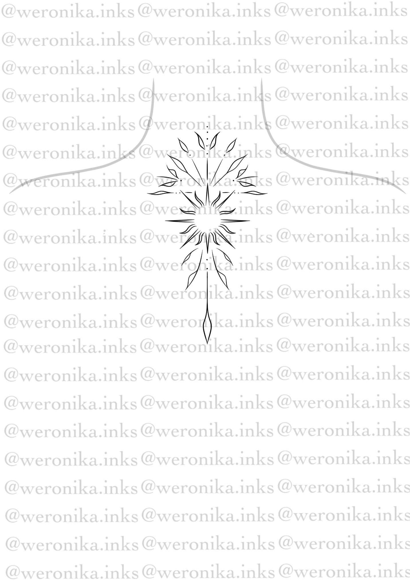 Sun & Line Work Top Of Spine Tattoo