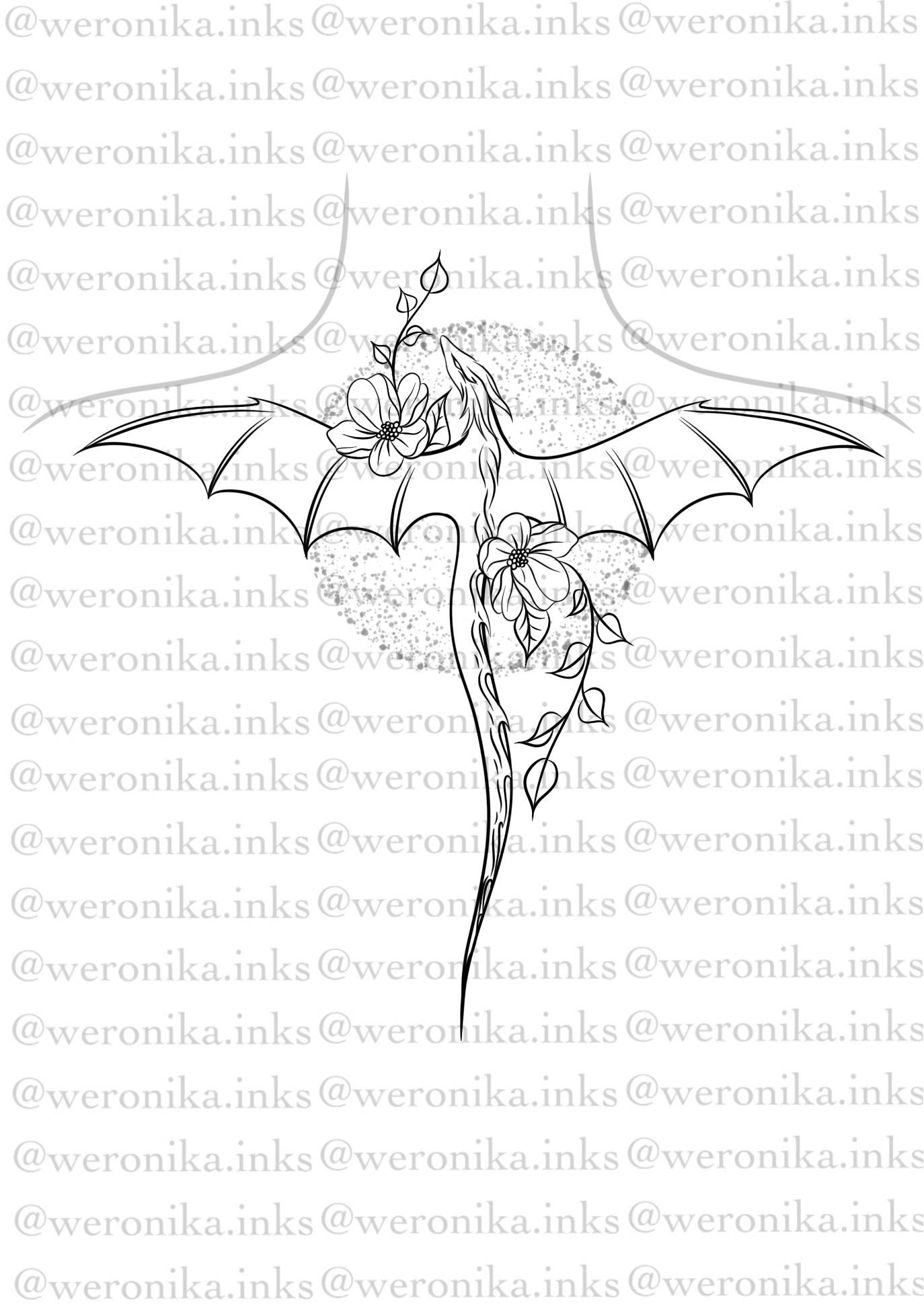Dragon & Floral Top Of Spine Tattoo