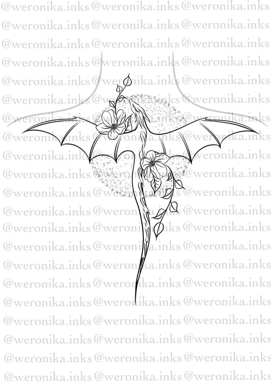 Dragon & Floral Top Of Spine Tattoo