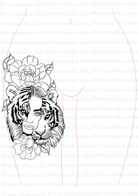 Tiger & woman face with floral thigh tattoo design