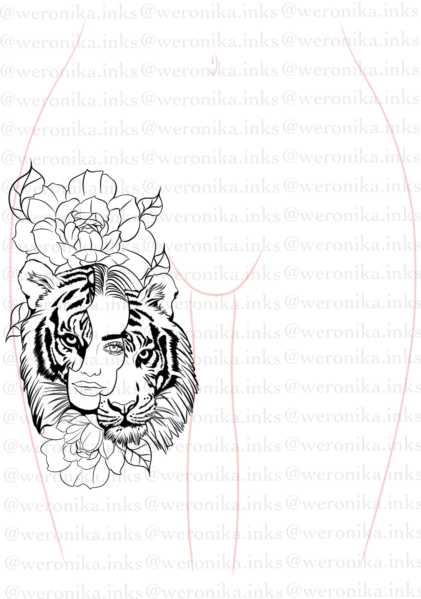 Tiger & woman face with floral thigh tattoo design