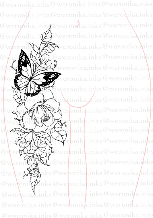Floral & butterfly thigh tattoo design