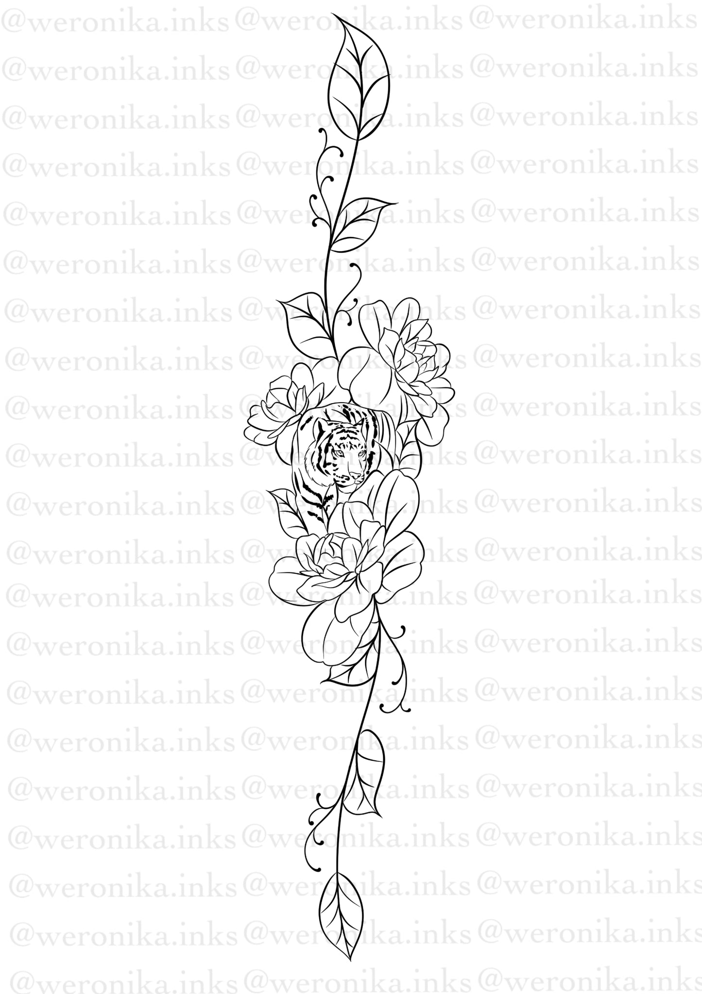Tiger & floral spine tattoo