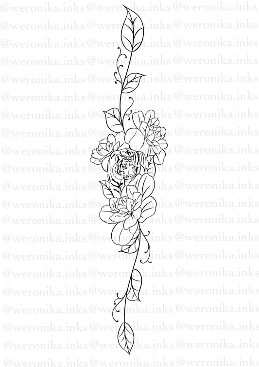 Tiger & floral spine tattoo