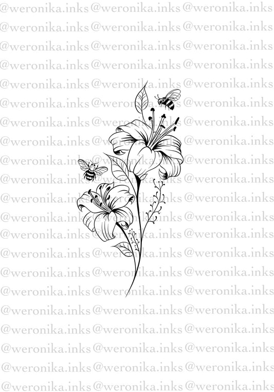 Lilies & bees patchwork tattoo design