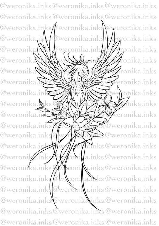 Floral Phoenix Spine Tattoo