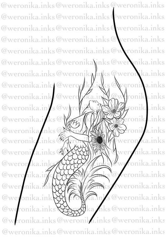 Mermaid Floral Thigh Tattoo