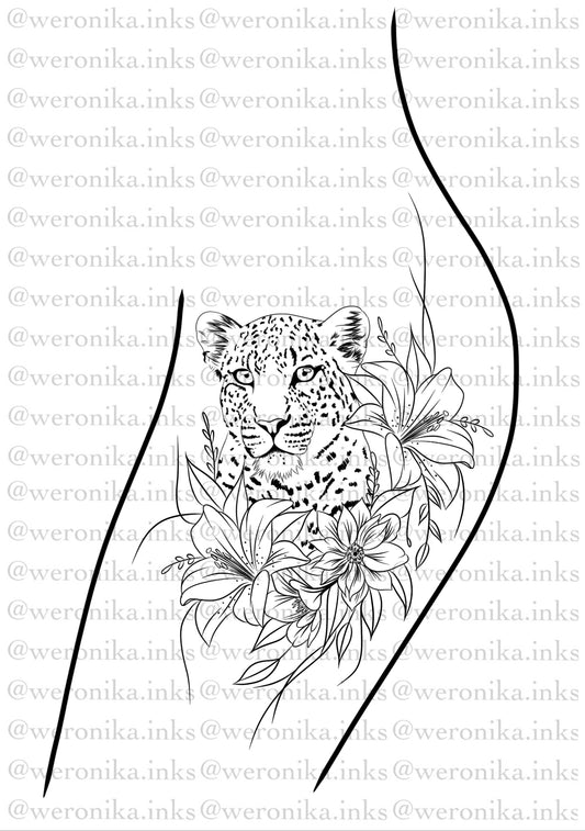 Floral Jaguar Thigh Tattoo