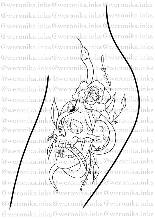 Skull & Snake Floral Thigh Tattoo