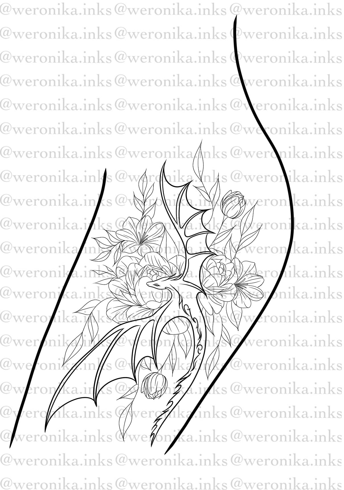 Floral Baby Dragon Thigh Tattoo