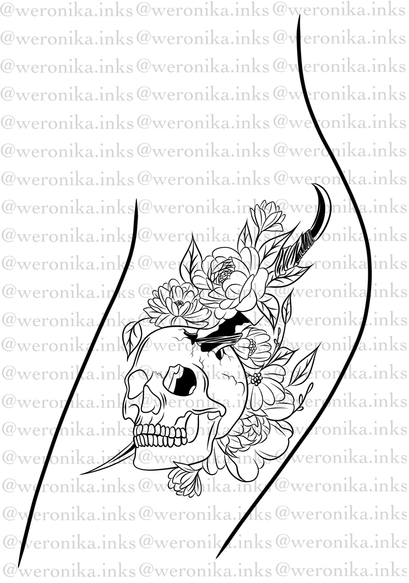 Skull & Dagger Floral Thigh Tattoo