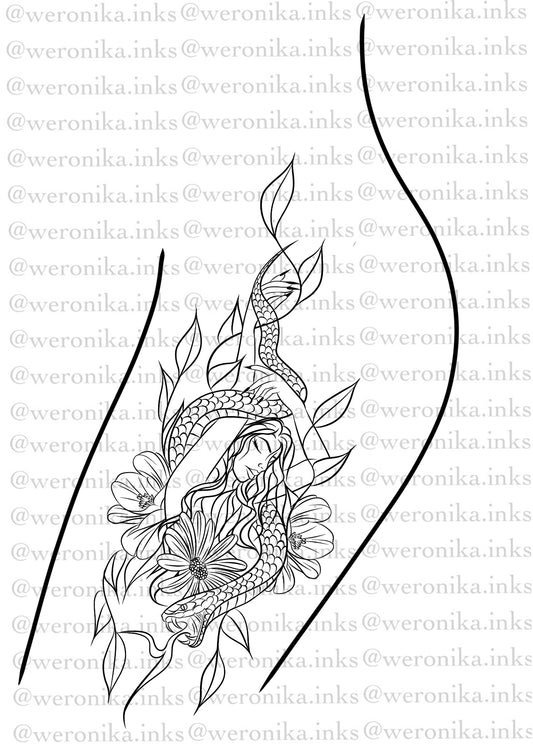 Snake & Woman Floral Thigh Tattoo