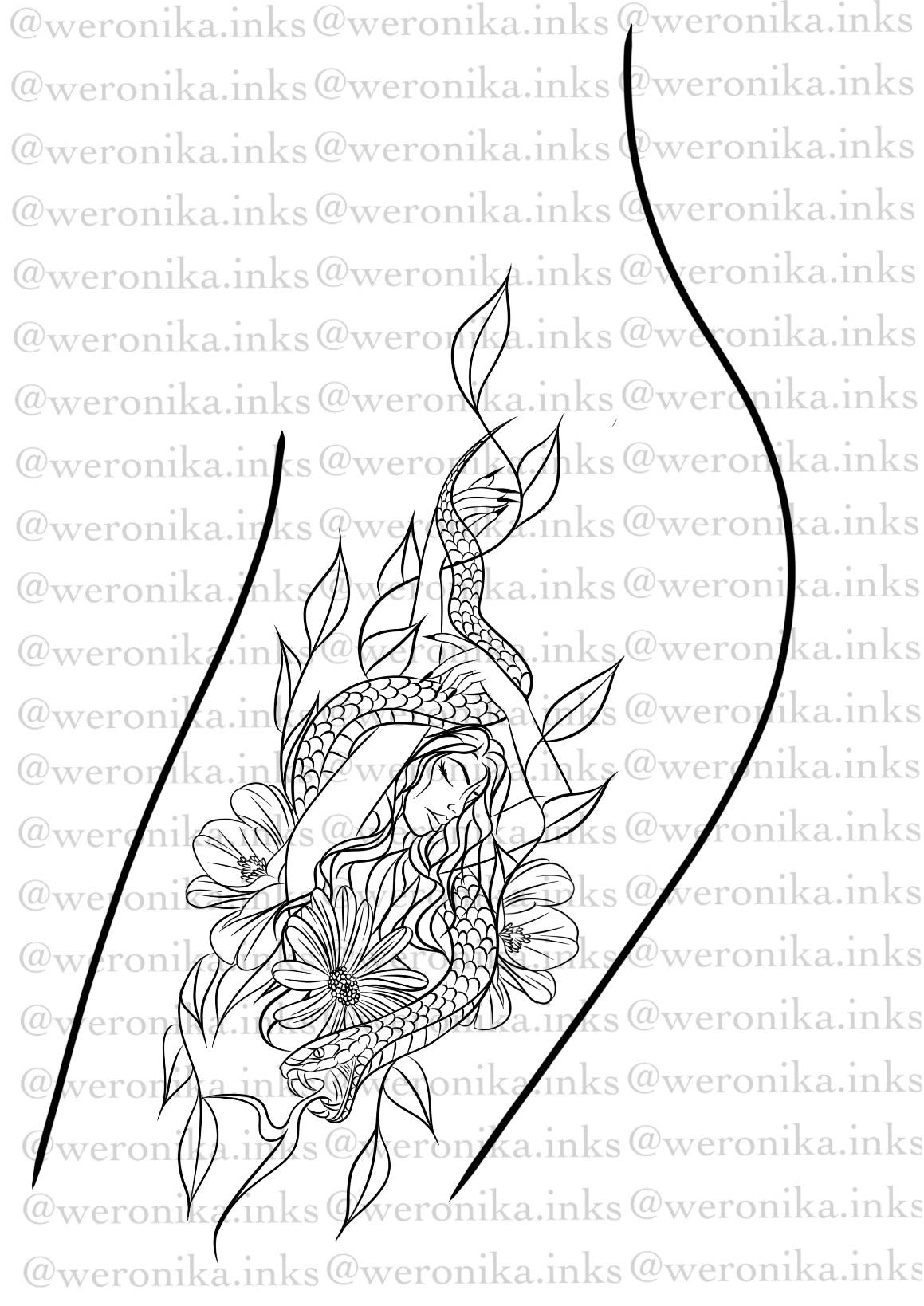 Snake & Woman Floral Thigh Tattoo