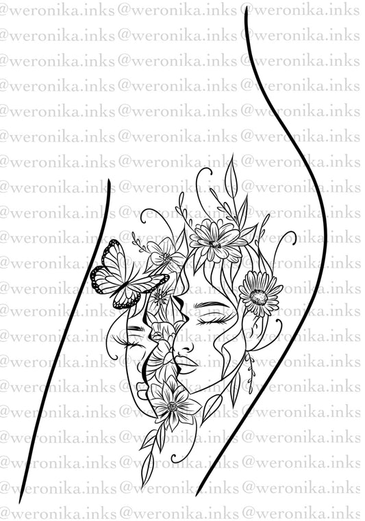 Floral Fracured Woman Thigh Tattoo