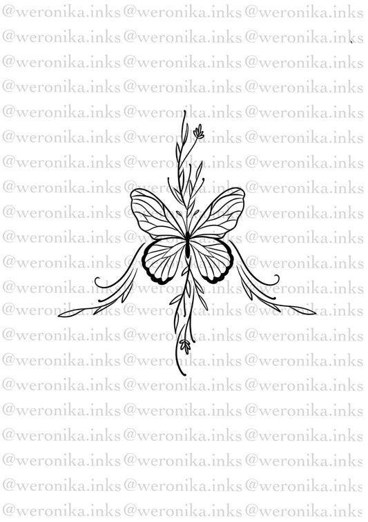 Linework & Butterfly Sternum Tattoo