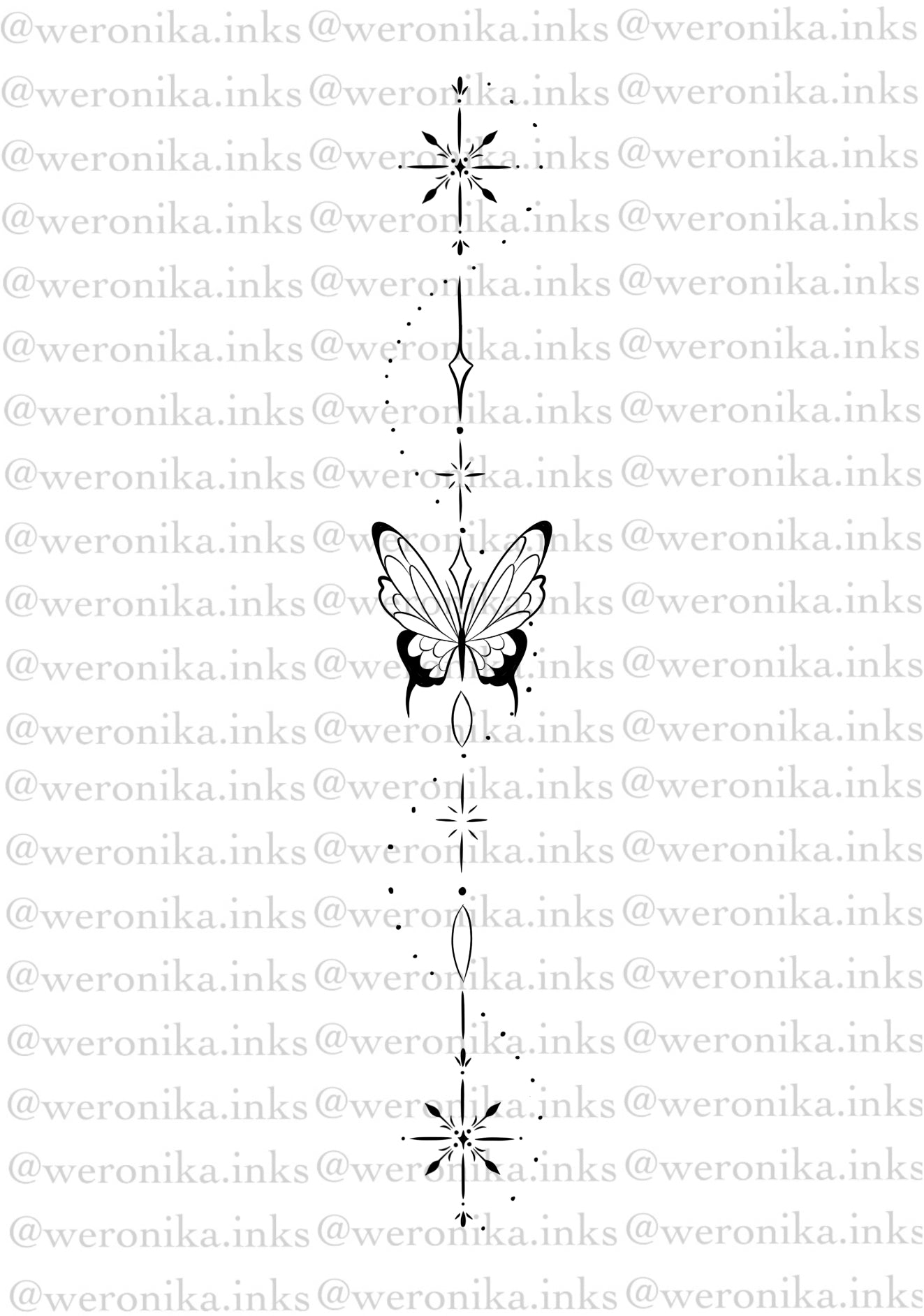 Butterfly & Line Work Spine Tattoo
