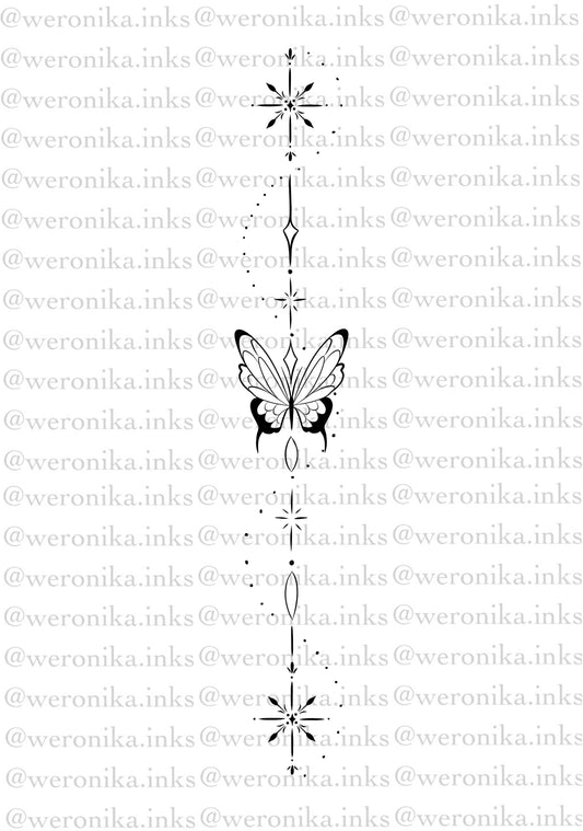 Butterfly & Line Work Spine Tattoo