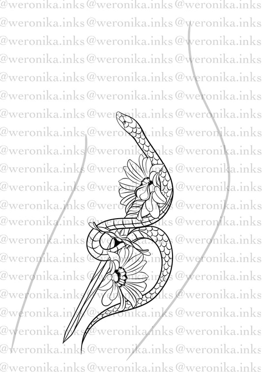 Floral Sword & Snake Thigh Tattoo