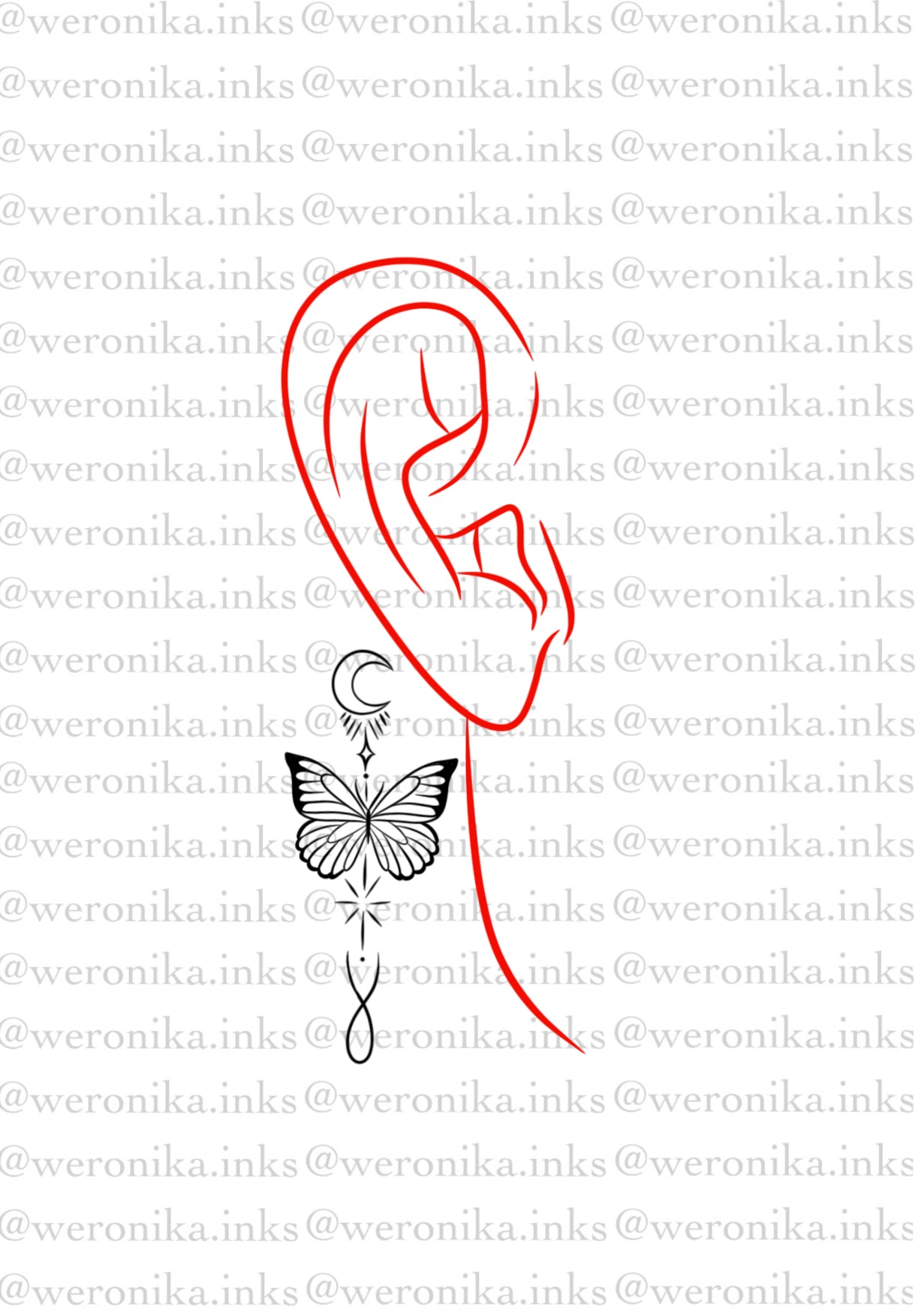 Behind The Ear Butterfly & Moon Tattoo