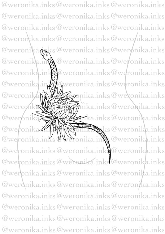 Snake & Chrysanthemum Flower Stomach Tattoo