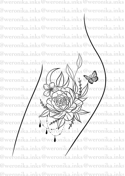 Floral & moon thigh tattoo