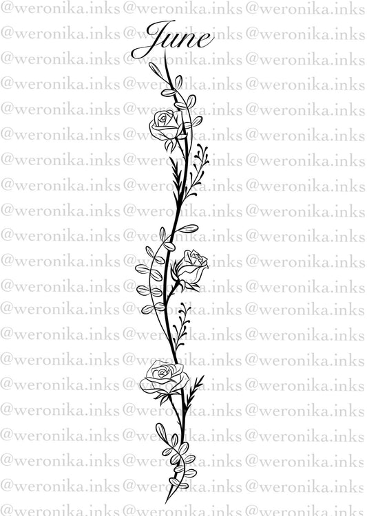 June, Birth Month Flower Spine Tattoo